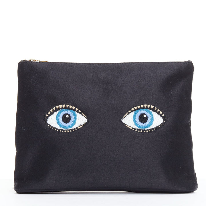 CHARLOTTE OLYMPIA black satin surrealist blue eye embroidery pouch bag