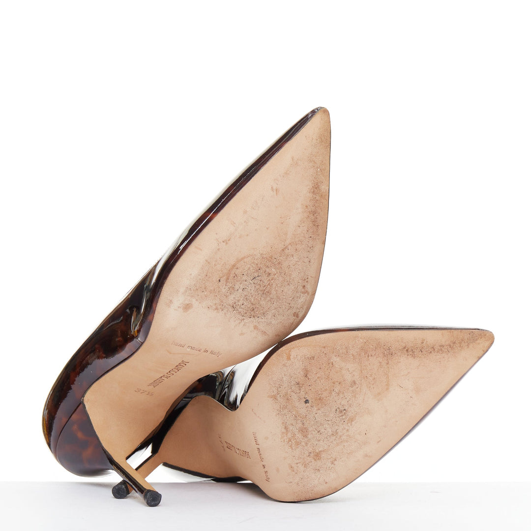 MANOLO BLAHNIK brown tortoise shell print patent stiletto pumps EU37.5