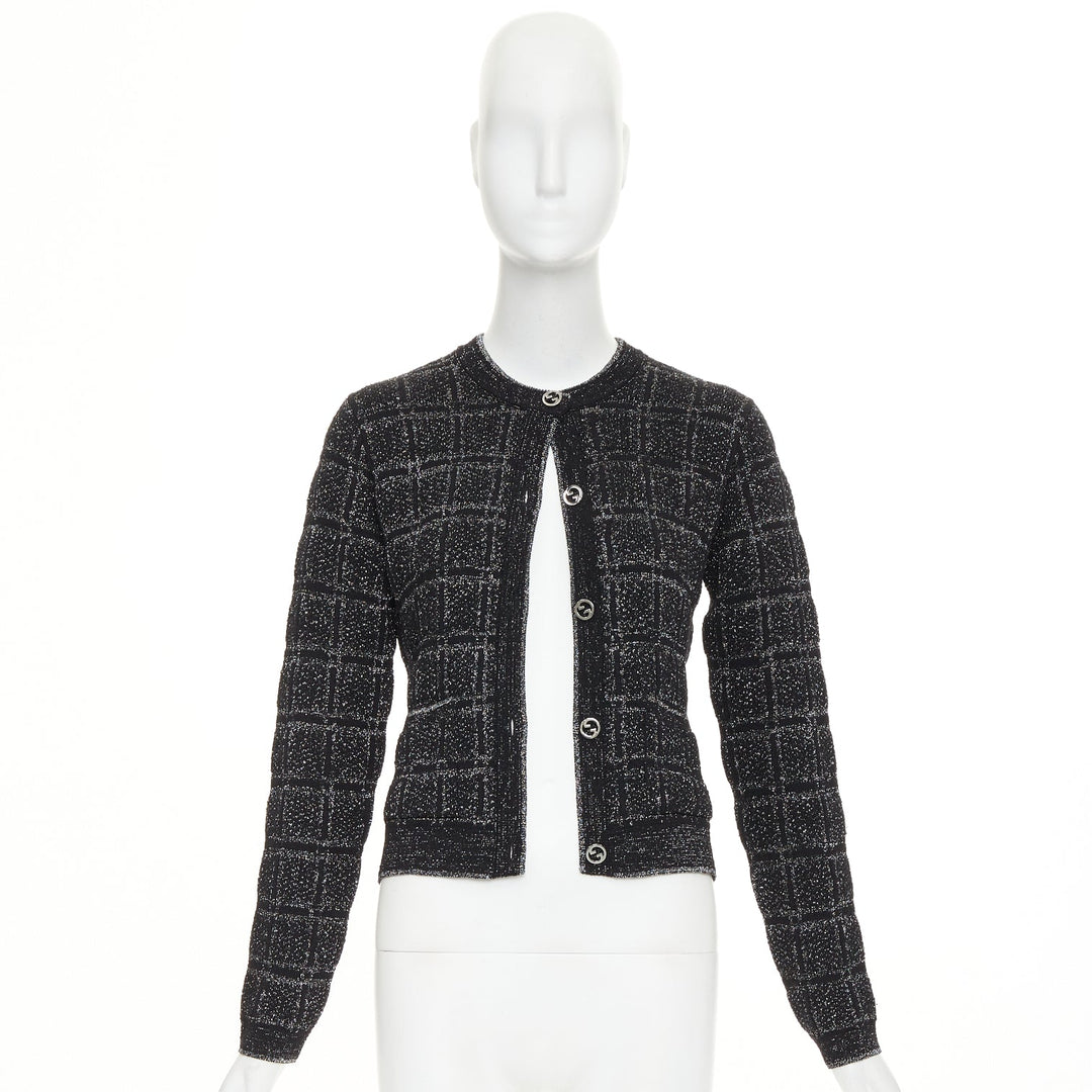 GUCCI 2025 black silver metallic checked Vintage GG buttons cardigan sweater XS