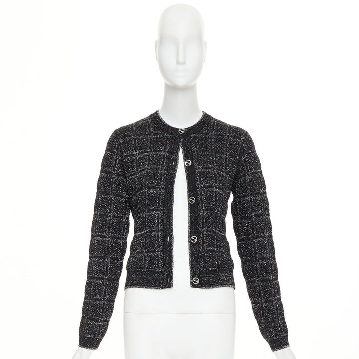 GUCCI 2025 black silver metallic checked Vintage GG buttons cardigan sweater XS