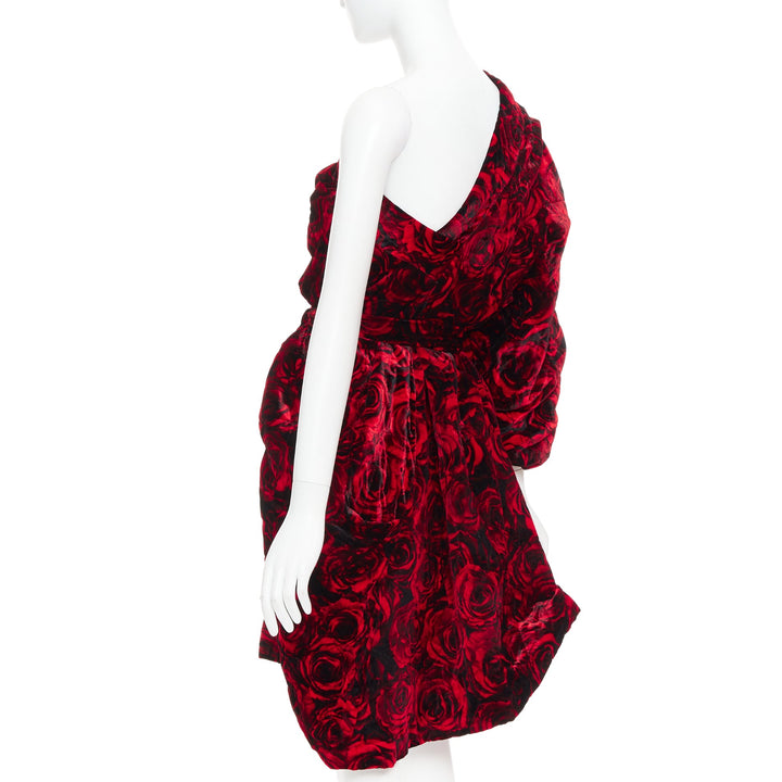 DRIES VAN NOTEN Runway Delta red rose velvet quilted one shoulder dress FR38 M