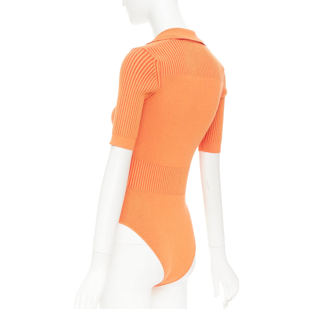 JACQUEMUS Le Body Yauco orange ribbed knit plunge polo bodysuit top FR36 S