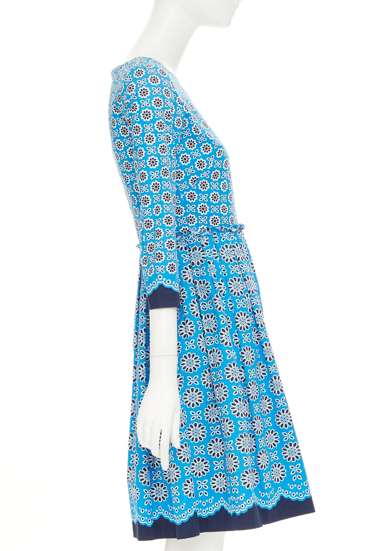 OSCAR DE LA RENTA S16 blue geometric floral print cotton A-line dress US0 XS