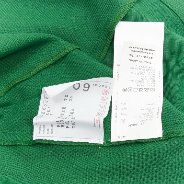 SACAI 2022 cream satin collar placket green belted pleated layered dress JP1 S