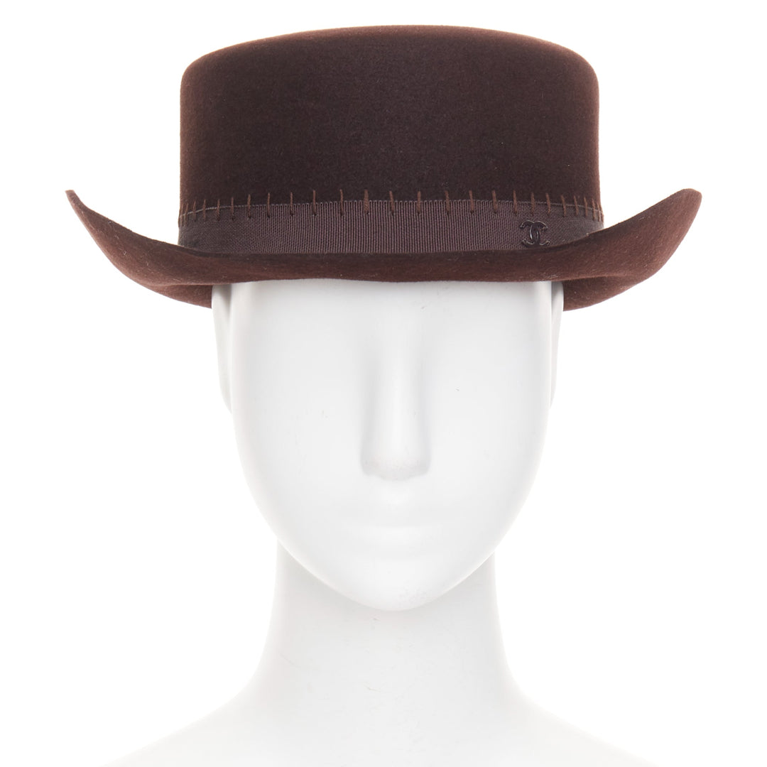 CHANEL 2014 Runway Paris-Dallas brown rabbit hair felt CC topstitch hat M