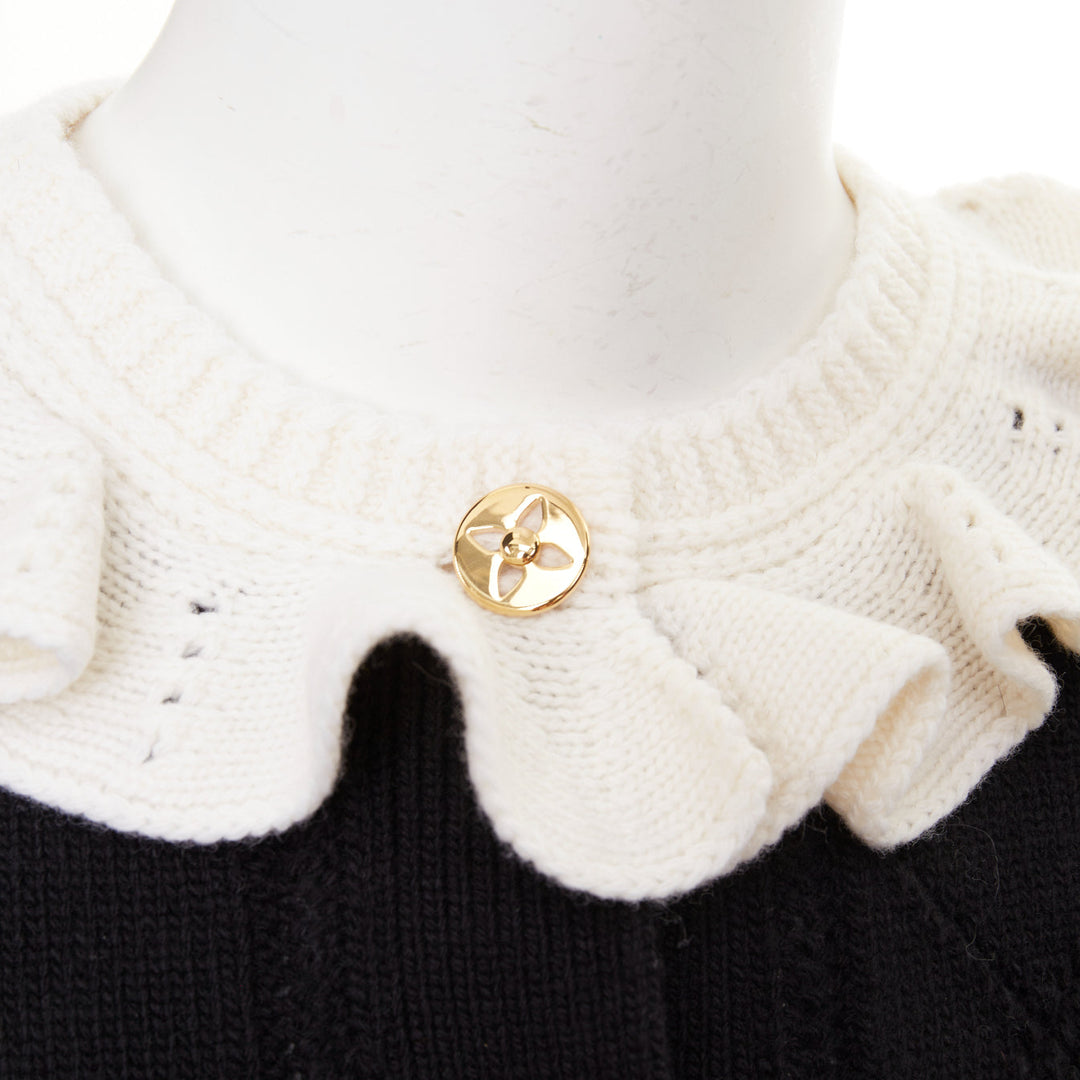 LOUIS VUITTON 2026 black cream wool blend ruffle collar gold button cardigan XXS