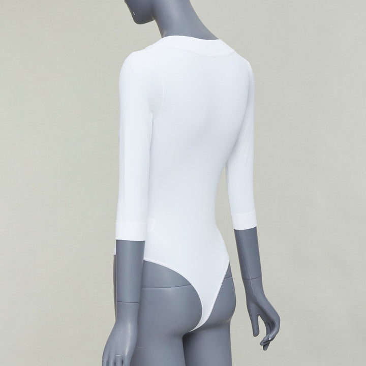 ALAIA white viscose blend V-neck 3/4 sleeves bodysuit top FR36 S