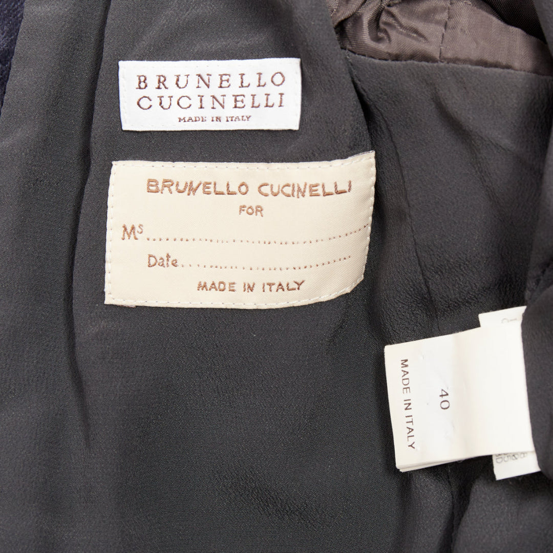 BRUNELLO CUCINELLI navy velvet brass logo buttons double breasted blazer IT40 S