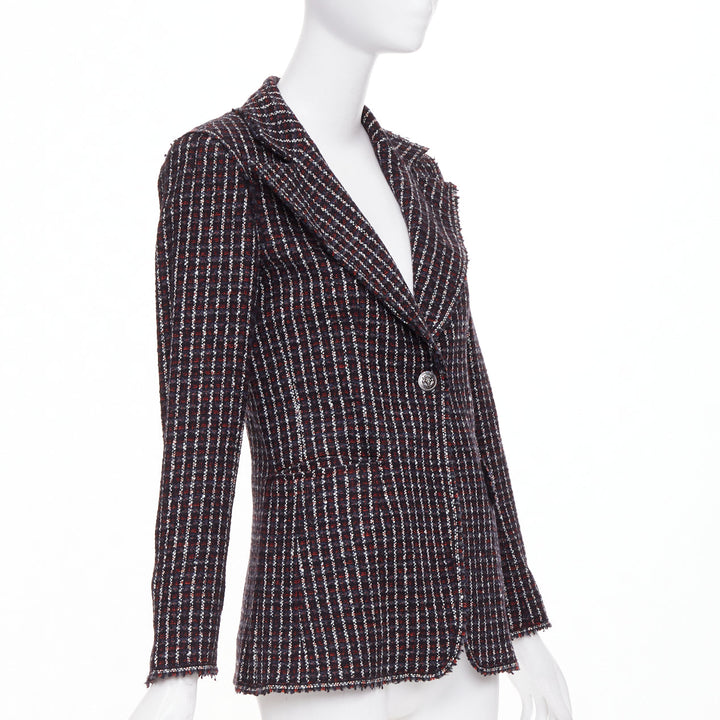 CHANEL 2008 burgundy navy check striped tweed cashmere wool fringe blazer FR42 L