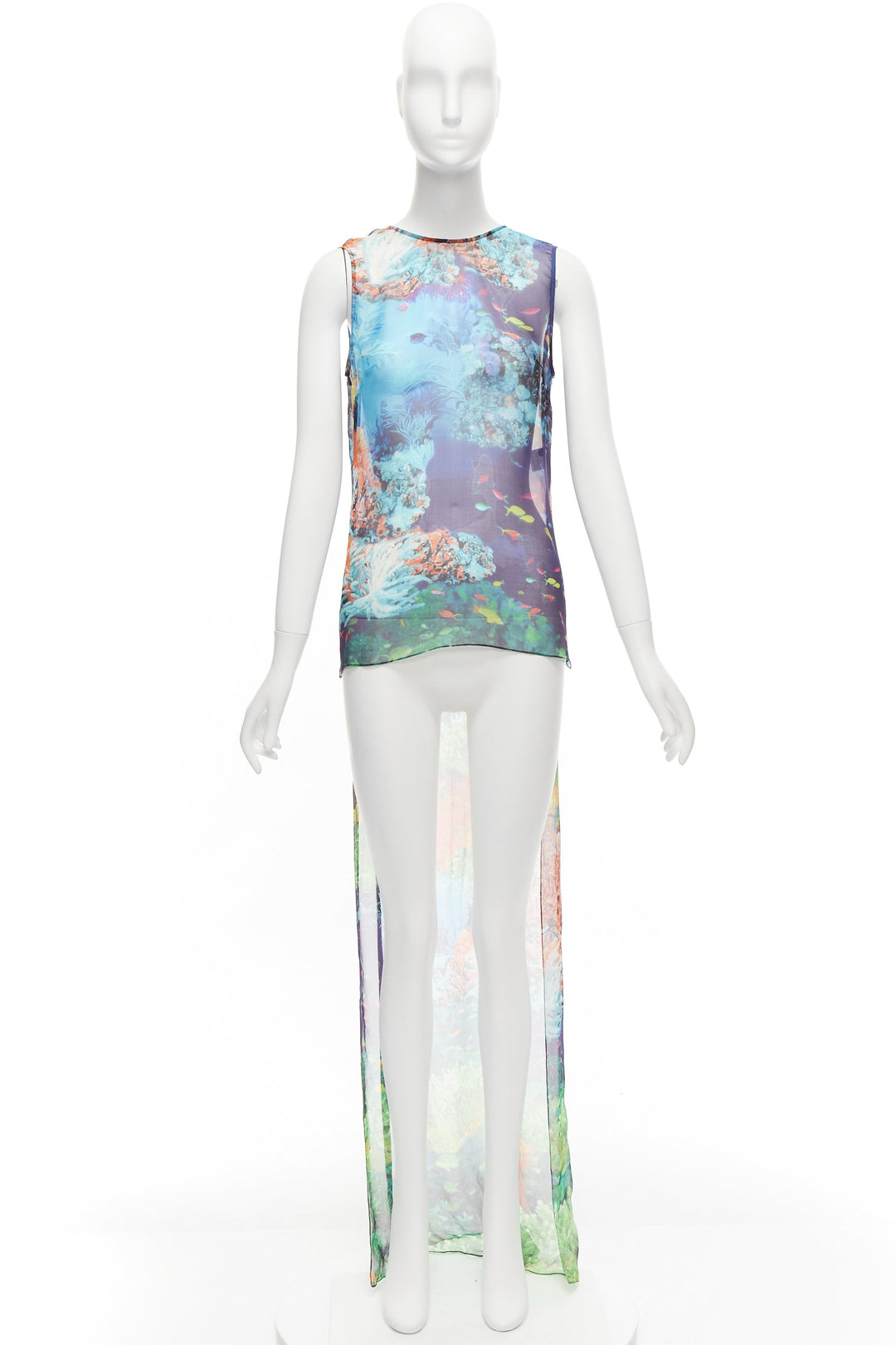 MARY KATRANTZOU 100% silk colourful aquatic print high low sheer top UK8 S