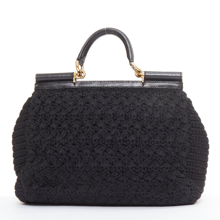 DOLCE GABBANA Sicily black crochet leather gold hardware top handle satchel bag