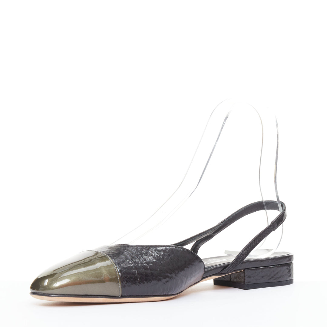 CHANEL two tone gunmetal cap toe black texture leather CC slingback flats EU38.5