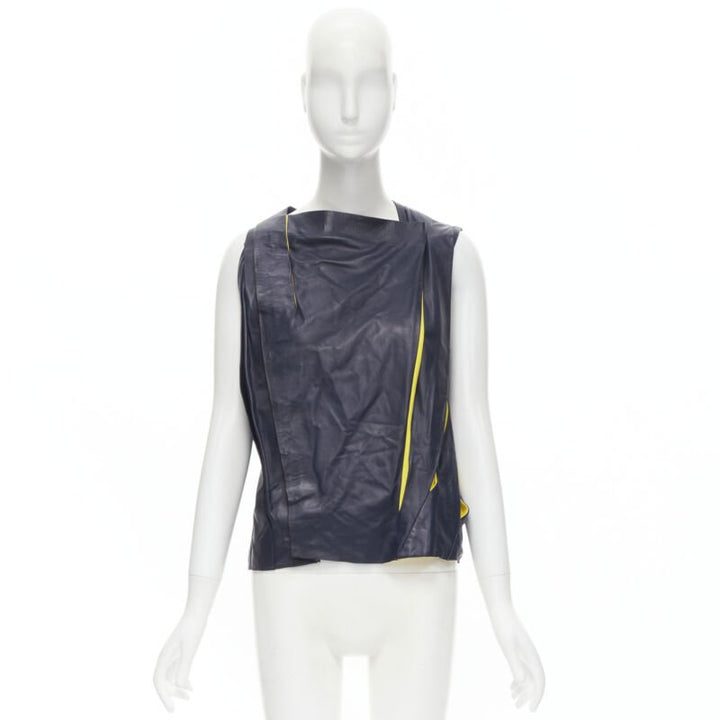 BALENCIAGA 2010 Runway Ghesquiere navy yellow leather pleated top FR38 S