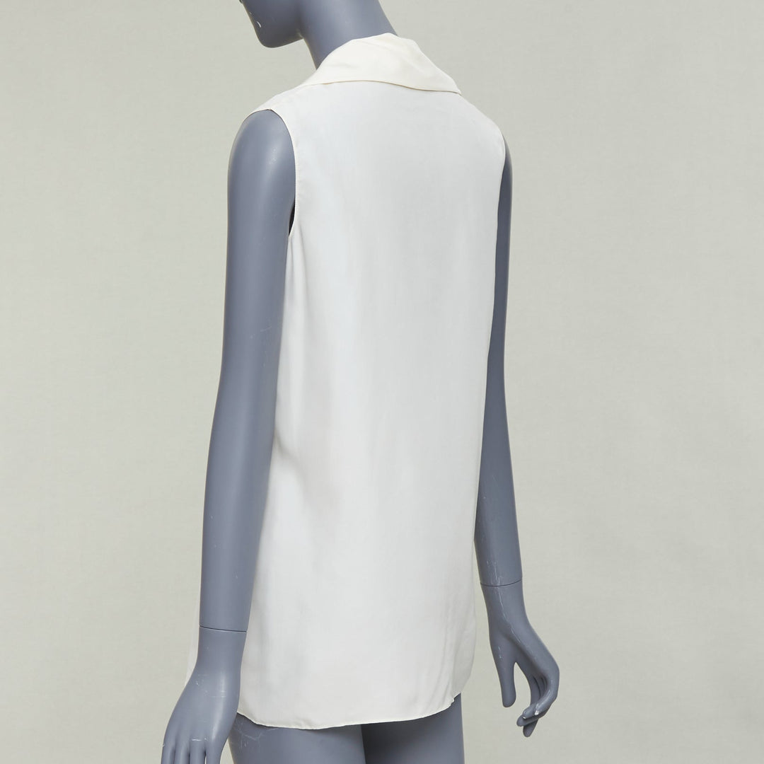 LANVIN 2015 cream silk wide lapel plunge neck sleeveless blouse top FR34 XS