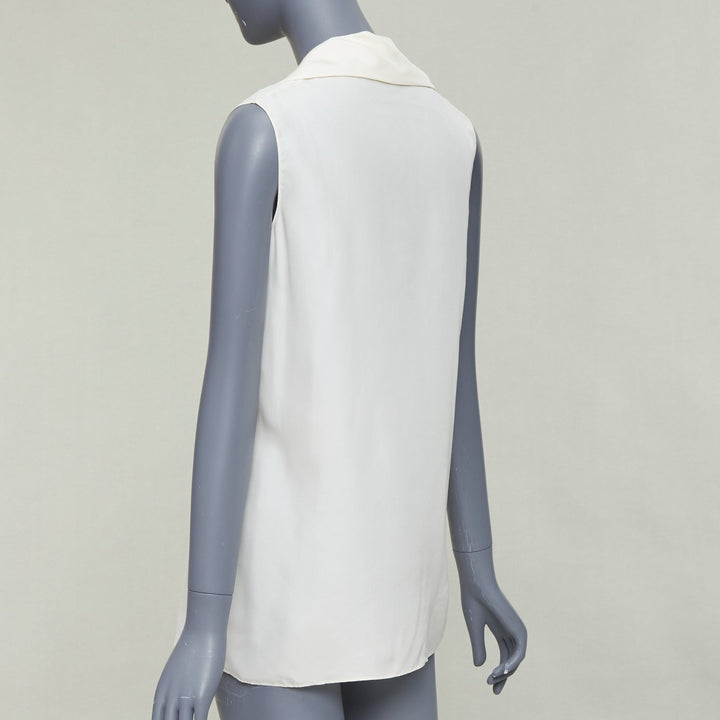 LANVIN 2015 cream silk wide lapel plunge neck sleeveless blouse top FR34 XS