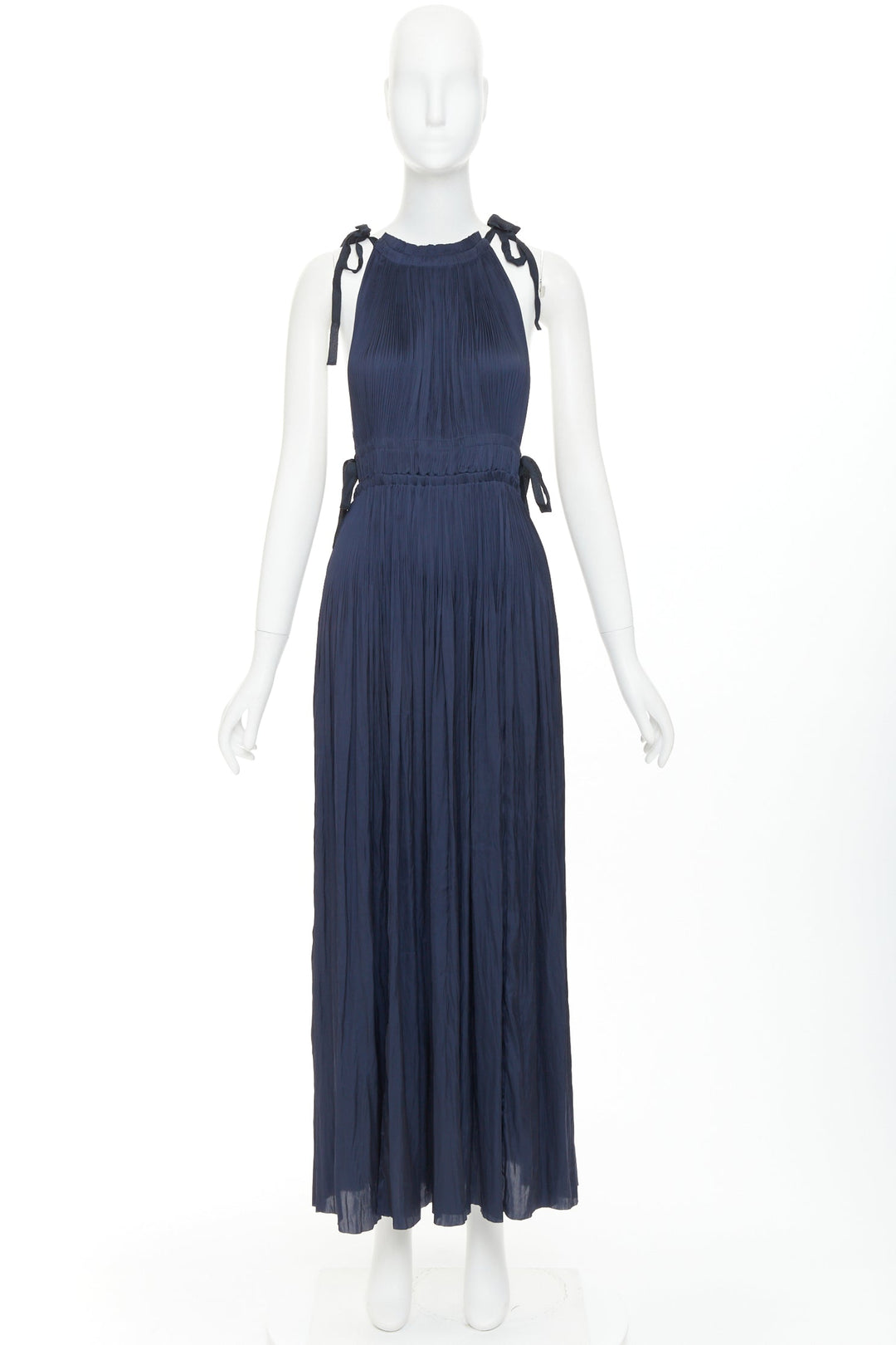 ULLA JOHNSON midnight blue pleated halter neck drawstring tie midi dress US0 XS