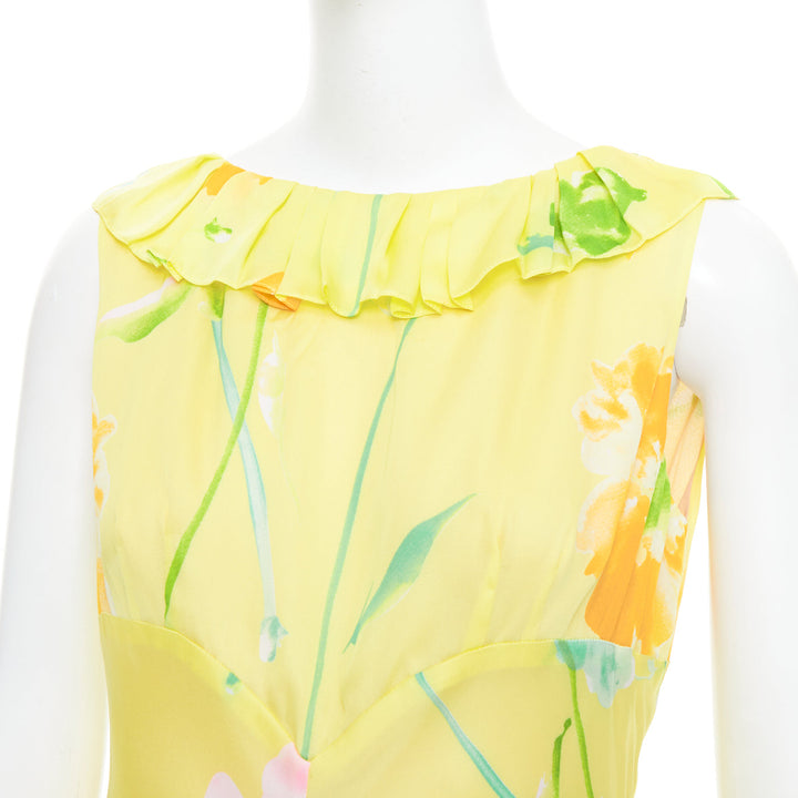 rare DONNA KARAN Vintage yellow floral print ruffle collar maxi dress
