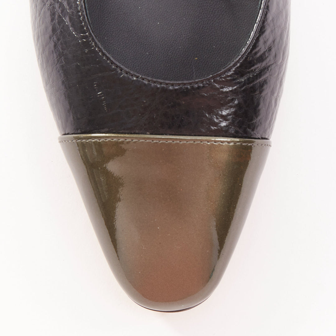 CHANEL two tone gunmetal cap toe black texture leather CC slingback flats EU38.5