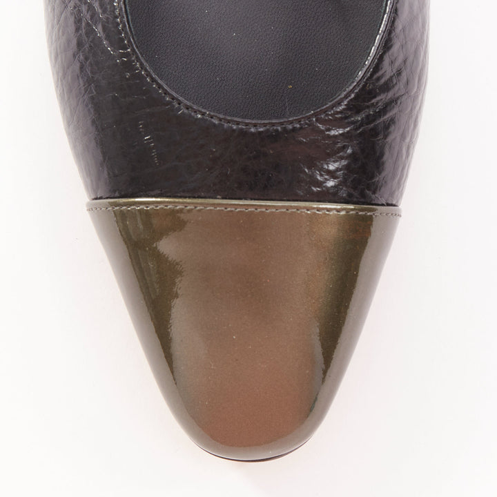 CHANEL two tone gunmetal cap toe black texture leather CC slingback flats EU38.5