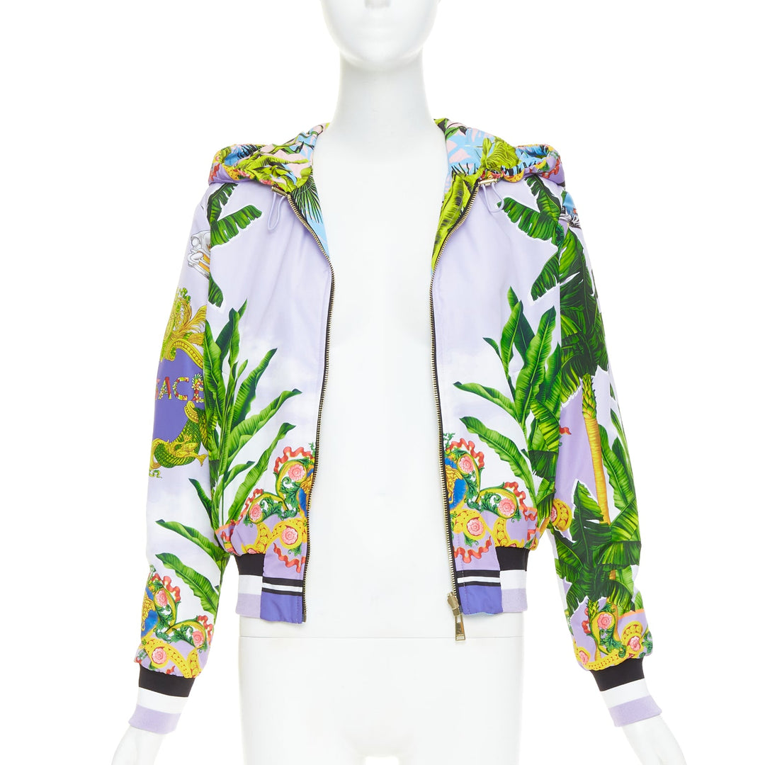 VERSACE 2018 Garden print Reversible lilac tropical print nylon jacket IT40 S