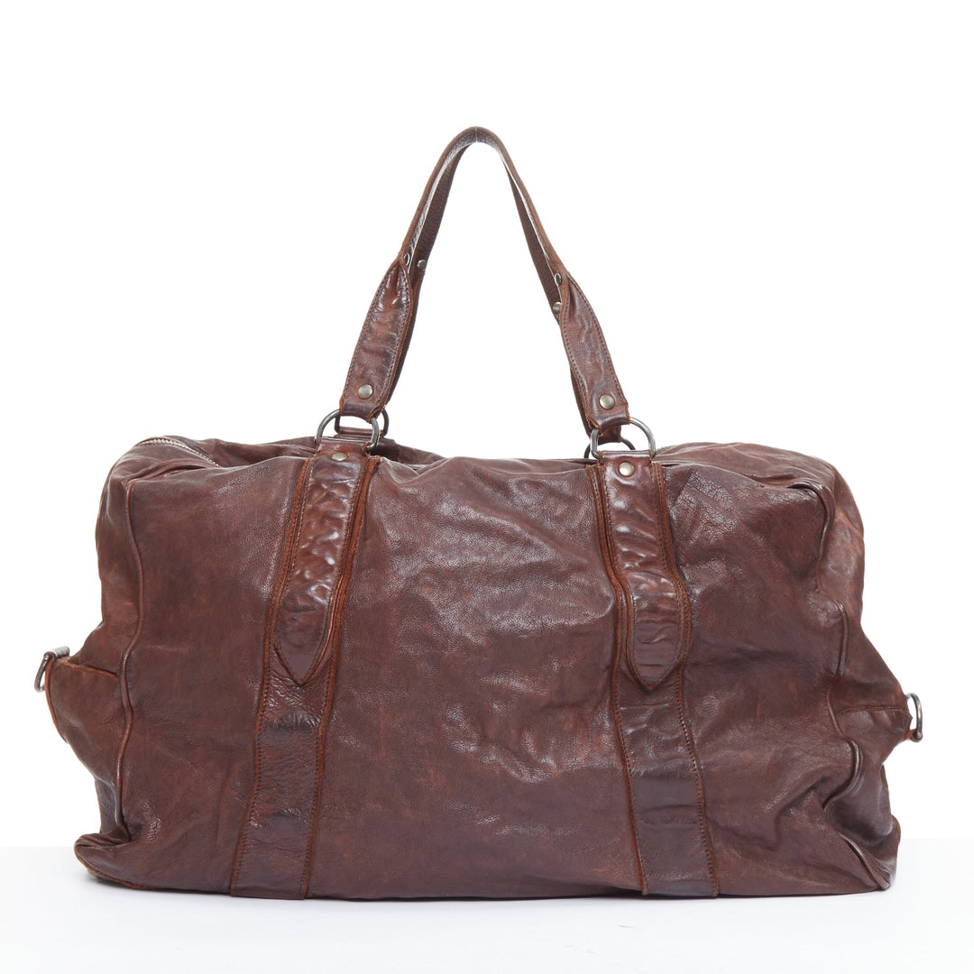 MIU MIU Vintage brown tumbled crinkled leather large travel bag