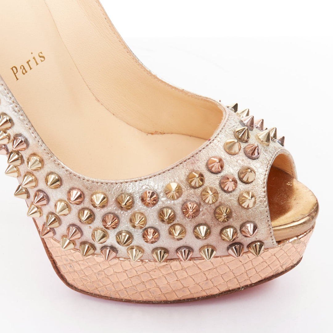 CHRISTIAN LOUBOUTIN Lady Peep 150 metallic gold studded platform peep pump EU38