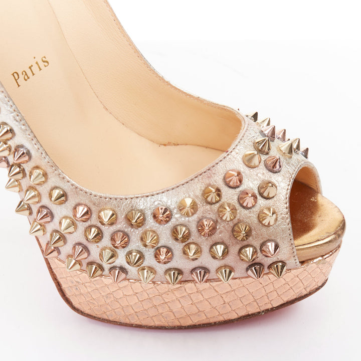 CHRISTIAN LOUBOUTIN Lady Peep 150 metallic gold studded platform peep pump EU38