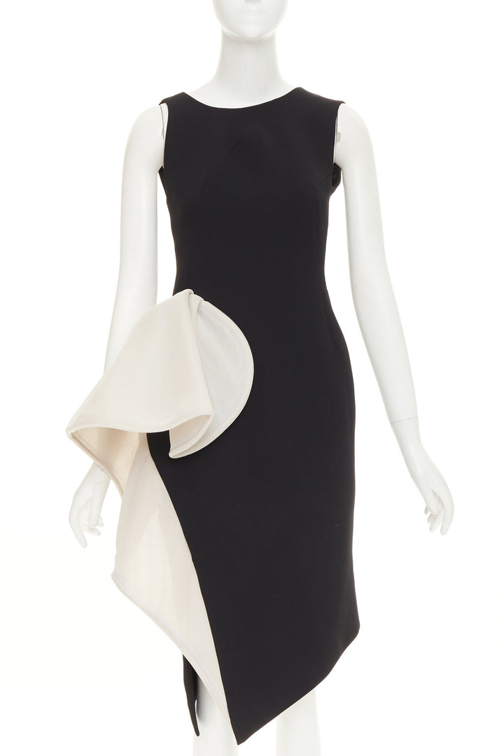 MATICEVSKI 2018 Essex black white asymmetric ruffle polyester midi dress AUS8 S