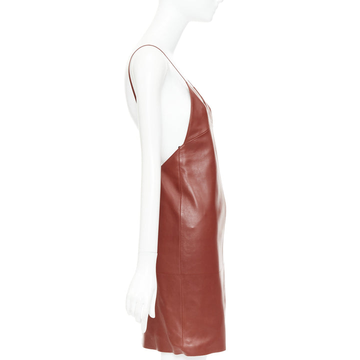 SAINT LAURENT 2024 Goji burgundy lambskin plunge low cut back slip dress FR34 XS