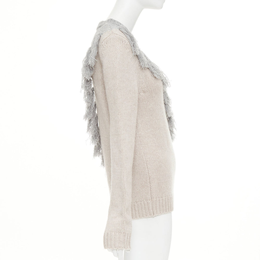JW ANDERSON grey beige wool cashmere tassel trim asymmetric split  sweater XS