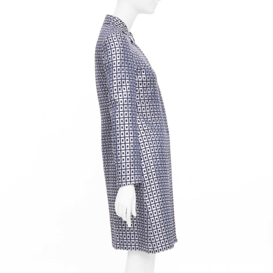 TORY BURCH navy silver metallic cotton blend brocade collared long coat US4 S