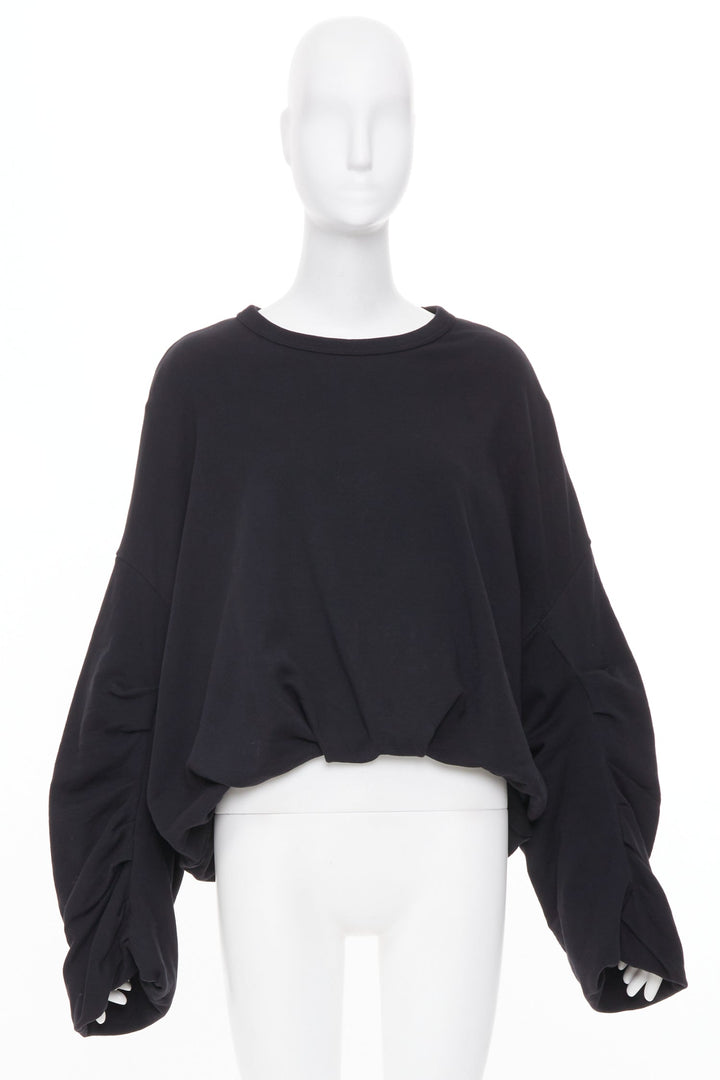 DRIES VAN NOTEN 2023 Hannett black ruched draped bubble hem cotton sweatshirt M