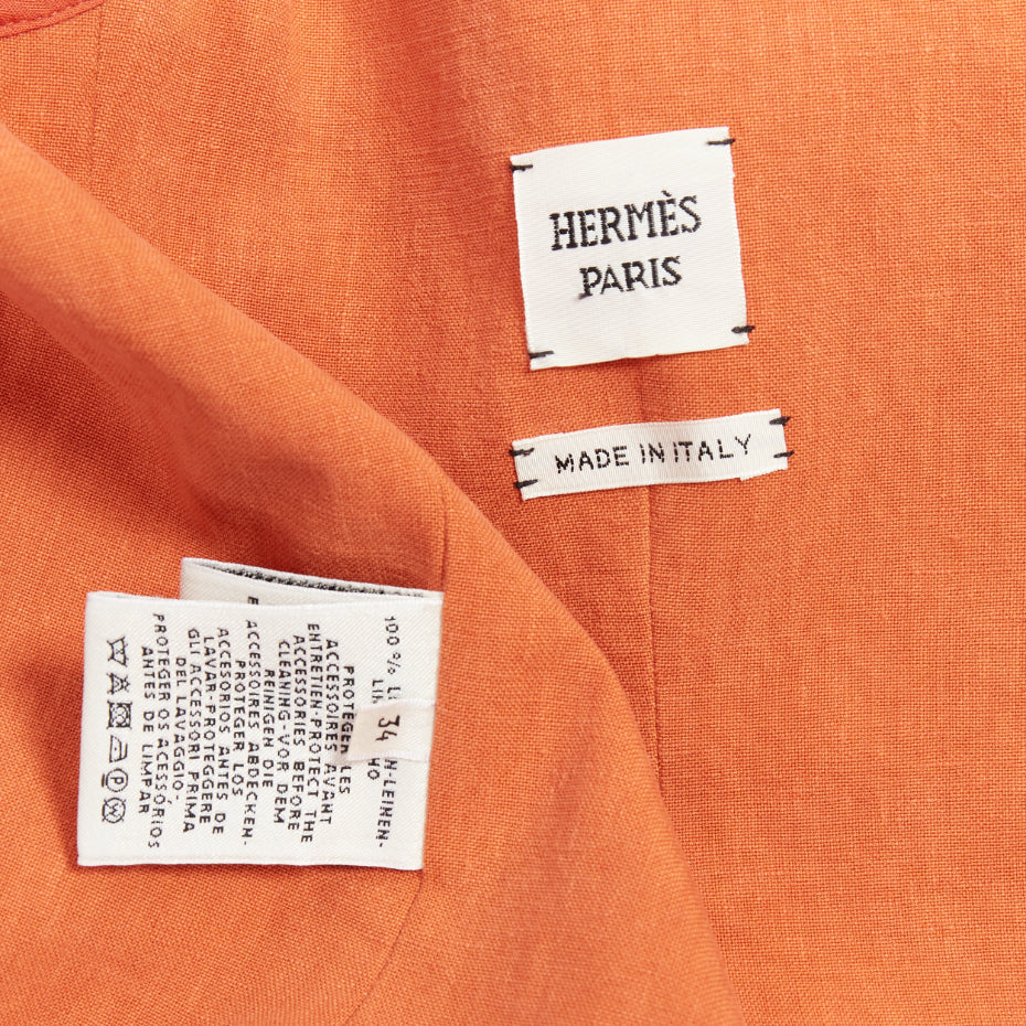 HERMES orange 100% linen logo buttons dual button blazer jacket FR34 XS
