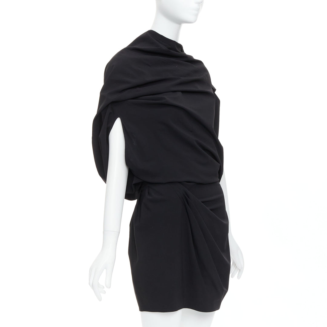 DONNA KARAN black drape cowl wrap front ruched dress US2 S