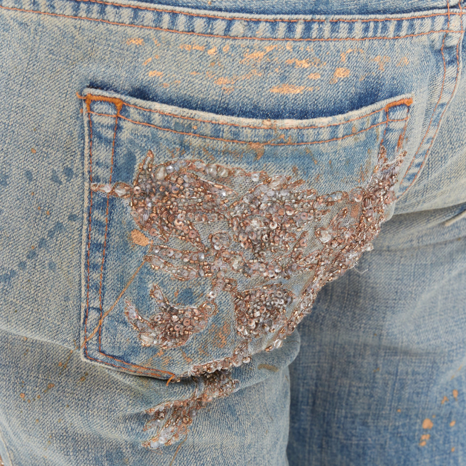 RALPH LAUREN Purple Label gold painted sequins splash floral flared jeans 26"