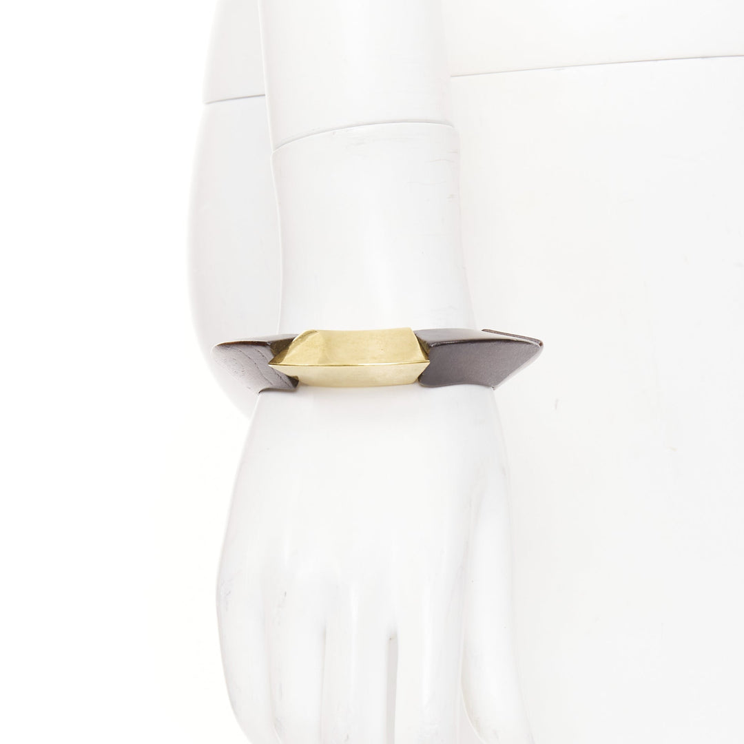 SAINT LAURENT 2020 Spinning Top Bangle gold brass brown wood elastic cuff
