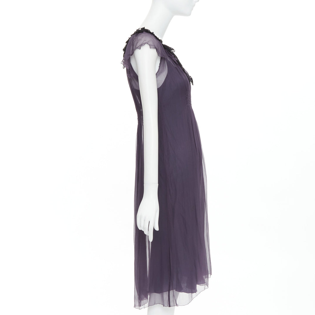 LANVIN Vintage purple silk black lace trim ruched waist sheer dress FR38 M