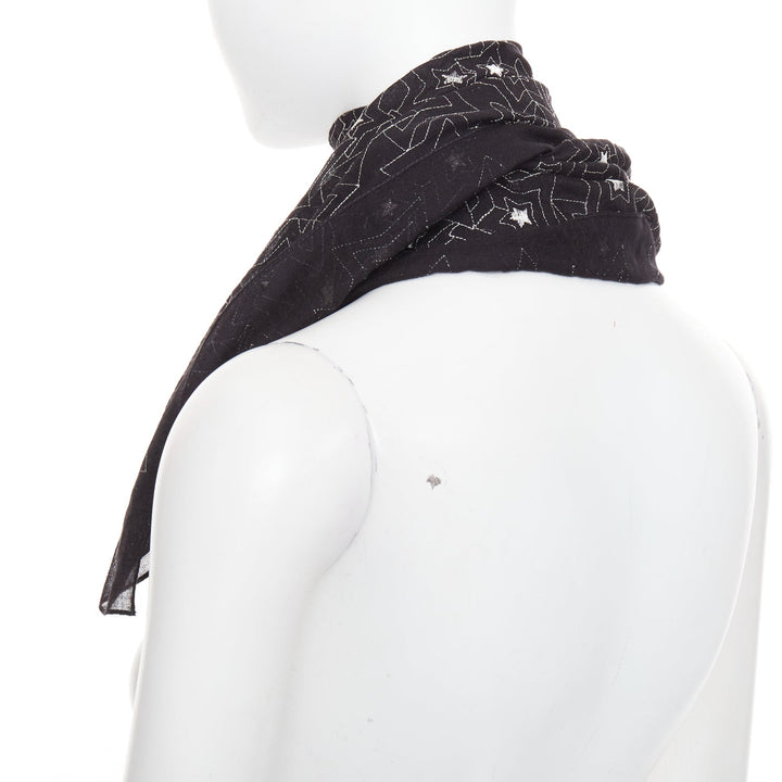 SAINT LAURENT black silver star embroidery lightweight square scarf