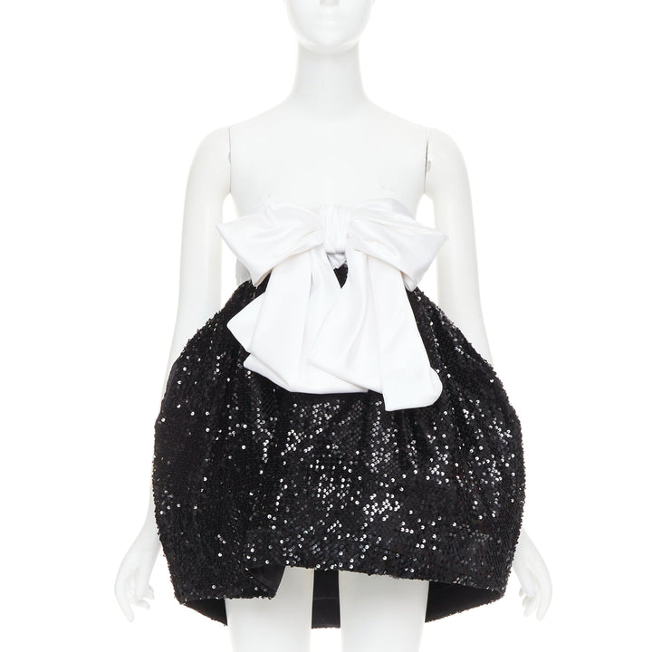 ALEXANDRE VAUTHIER SS2019 Runway white satin bow black sequin pouf mini dress