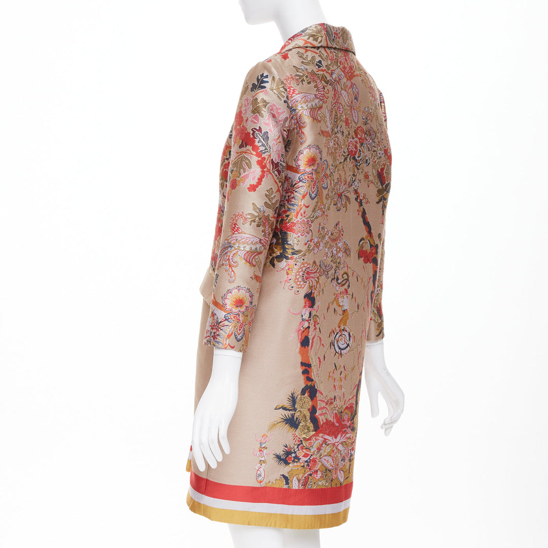 ETRO taupe red placed floral cotton blend jacquard overcoat IT42 M