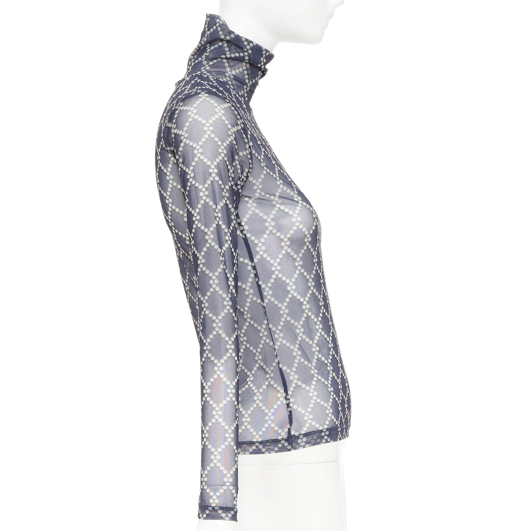 DRIES VAN NOTEN navy blue pearl diamond print high neck sheer top S