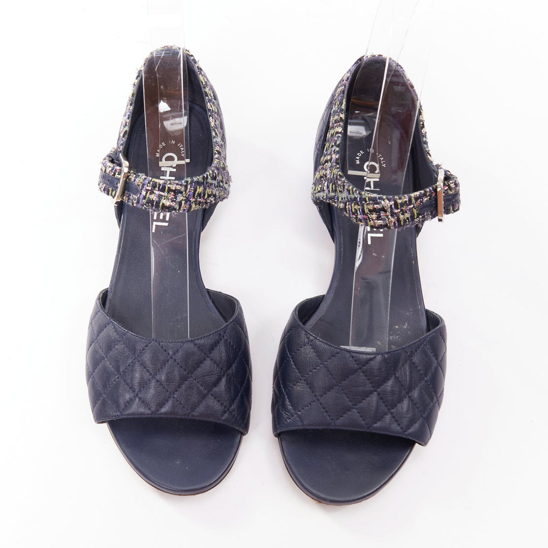 CHANEL navy quilted lambskin leather metallic tweed mary jane sandals EU39