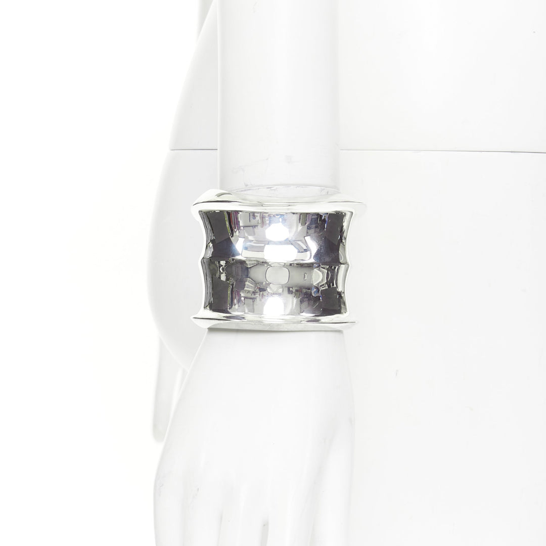 SAINT LAURENT 2024 Runway Stacked Bamboo mirror silver wide cuff bangle