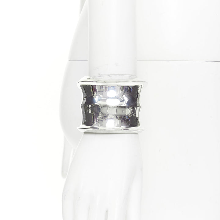 SAINT LAURENT 2024 Runway Stacked Bamboo mirror silver wide cuff bangle