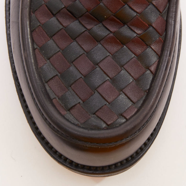 BOTTEGA VENETA Intrecciato black burgundy woven leather penny loafers EU43