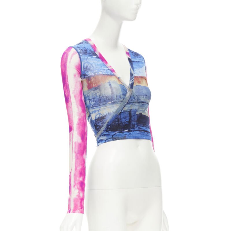 rare JEAN PAUL GAULTIER Soleil Vintage blue pink cityscape sheer wrap top S