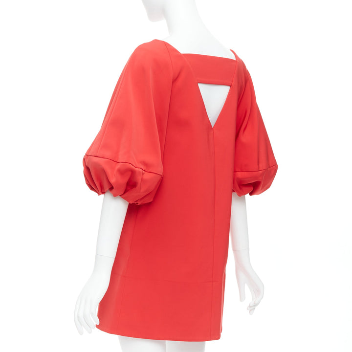 TIBI red satin puff half sleeve V cut out back mini dress US2 S