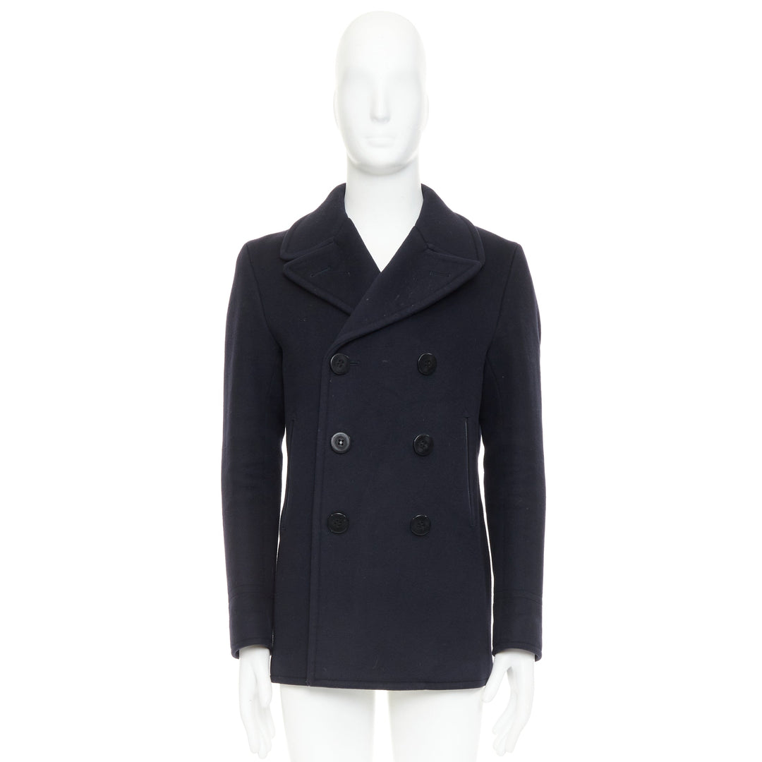 TOM FORD navy 100% wool leather trim double breasted pea coat IT48 M