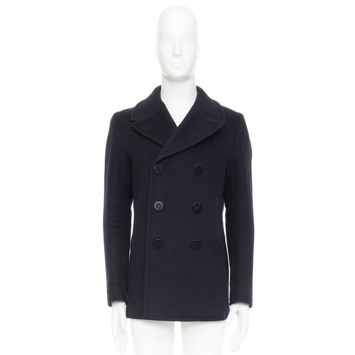 TOM FORD navy 100% wool leather trim double breasted pea coat IT48 M