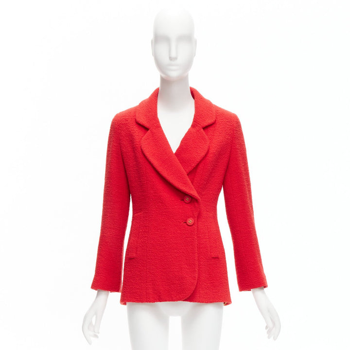 CHANEL 94A Vintage Runway red wool tweed gold CC button jacket FR36 S